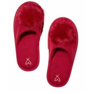 Victorias Secret Slippers Red Pom Pom Slip On Cozy